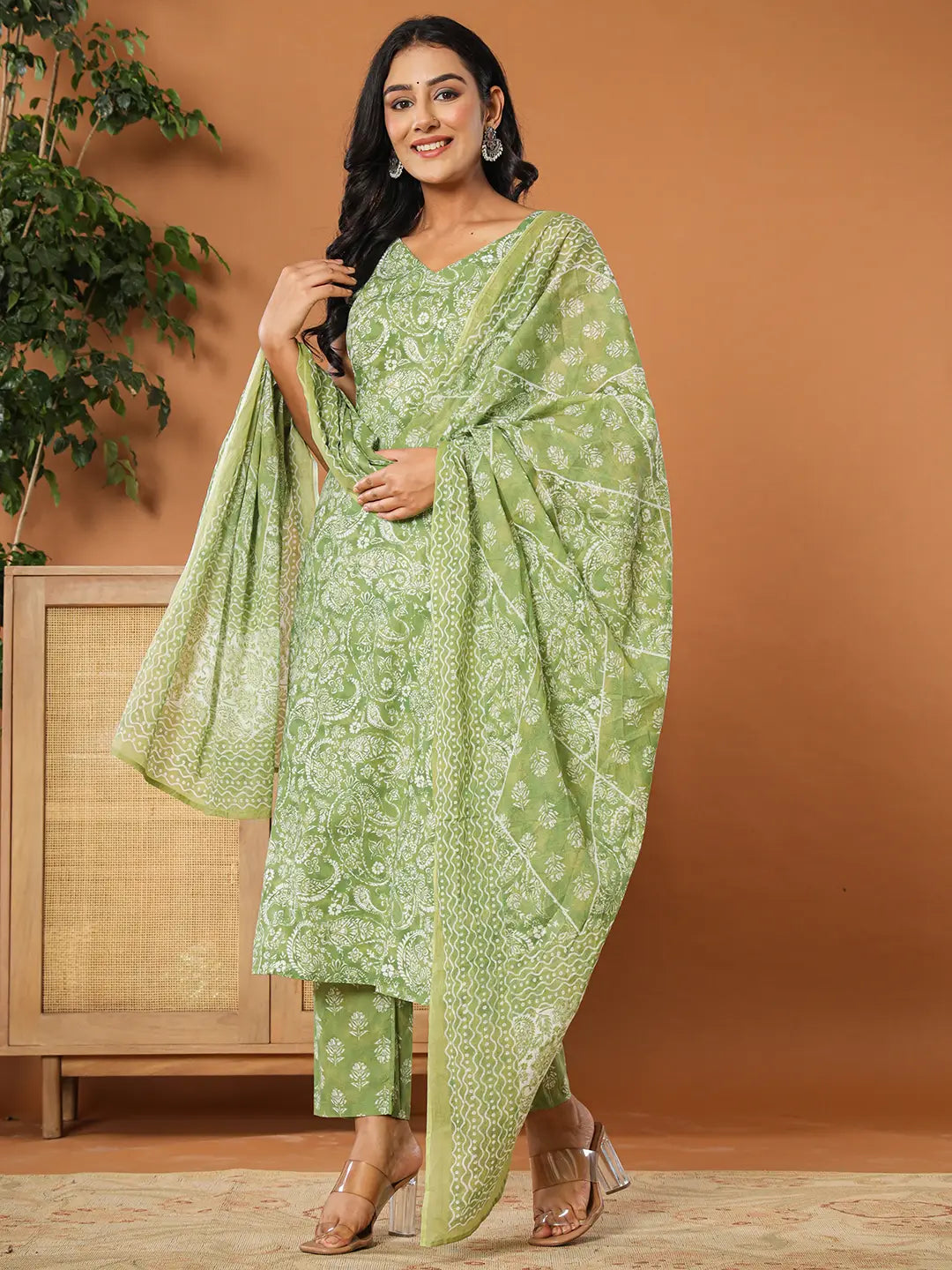 Yufta Green Cotton Strappy Kurta Dupatta Set | Grocsy