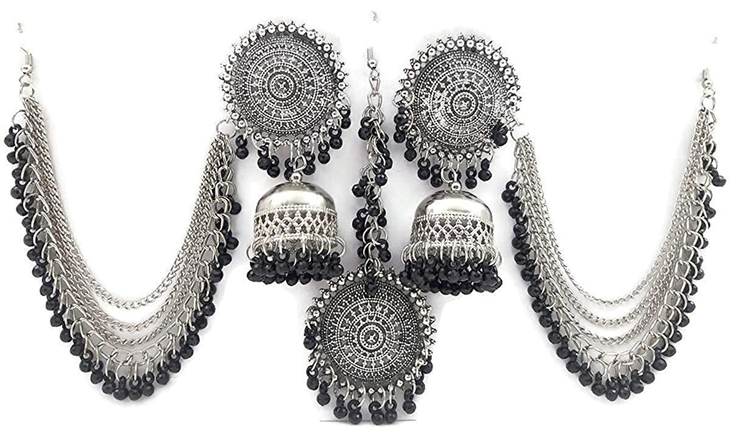 Silver-Plated Alloy Silver Black Earrings With Hair Extension - The Pari