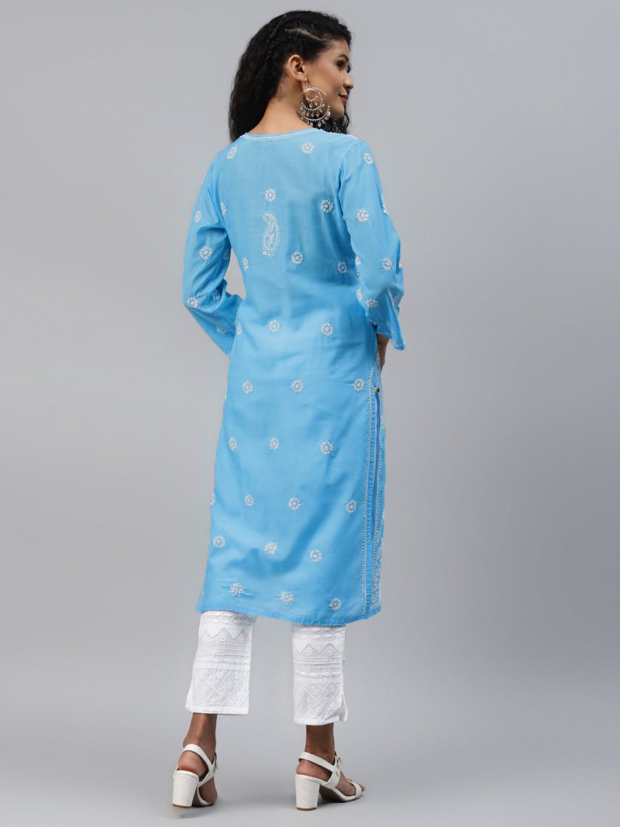 ADA Women Blue & White Ethnic Motifs Hand Embroidered Chikankari Handloom Kurta | Grocsy