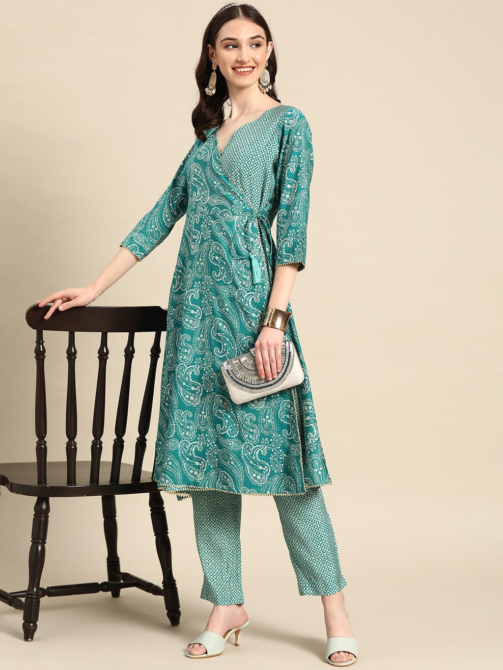 Sangria Women Turquoise Blue Paisley Printed Angrakha Gotta Patti Kurta with Trousers | Grocsy