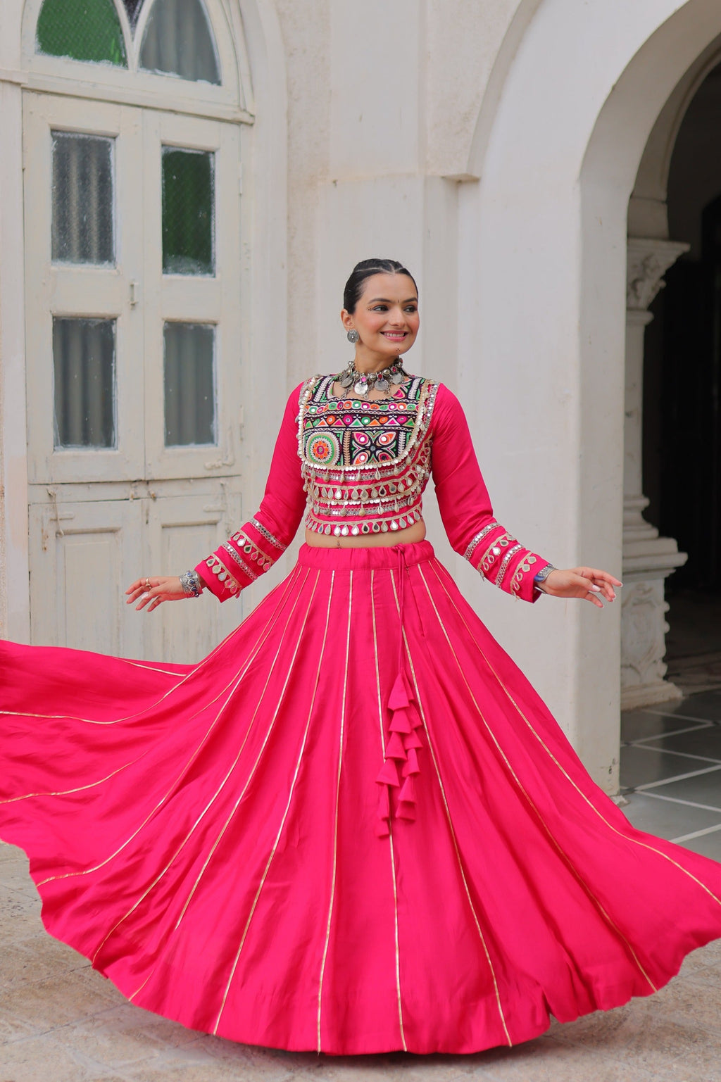Lorenvalley Fashion Pink Roman Silk with Attractive Gota-Patti Lace Lehenga Choli | Grocsy