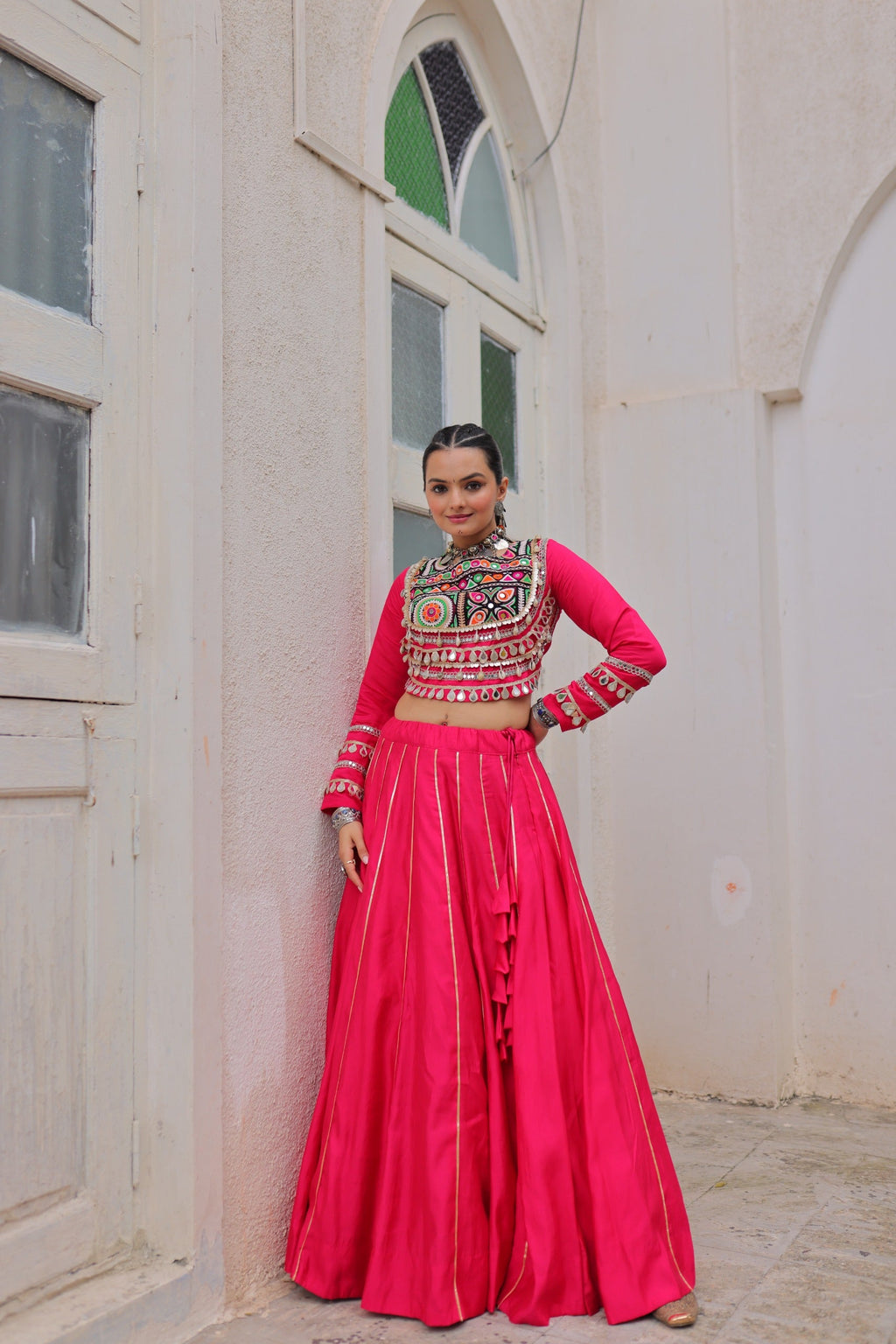 Lorenvalley Fashion Pink Roman Silk with Attractive Gota-Patti Lace Lehenga Choli | Grocsy