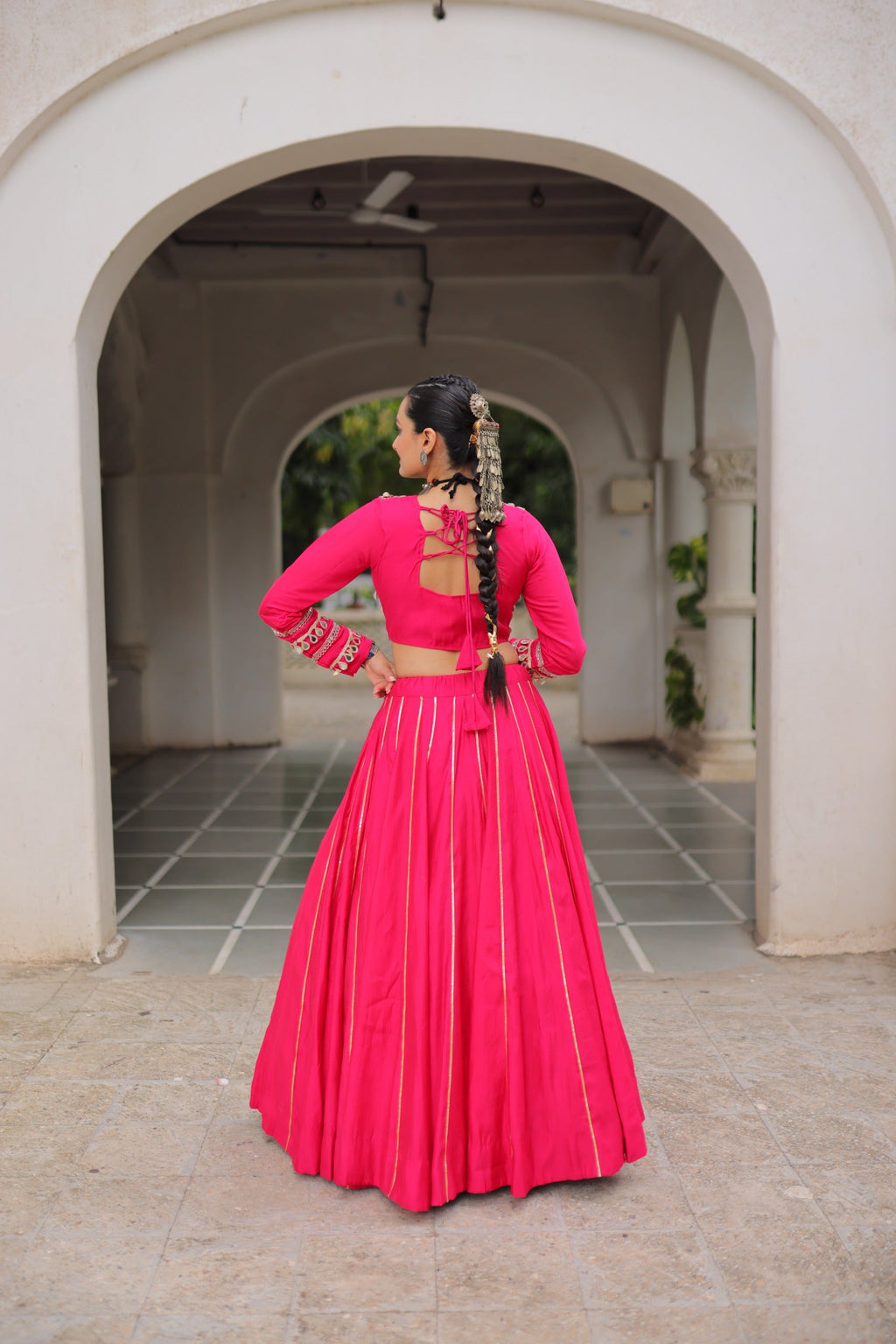 Lorenvalley Fashion Pink Roman Silk with Attractive Gota-Patti Lace Lehenga Choli | Grocsy