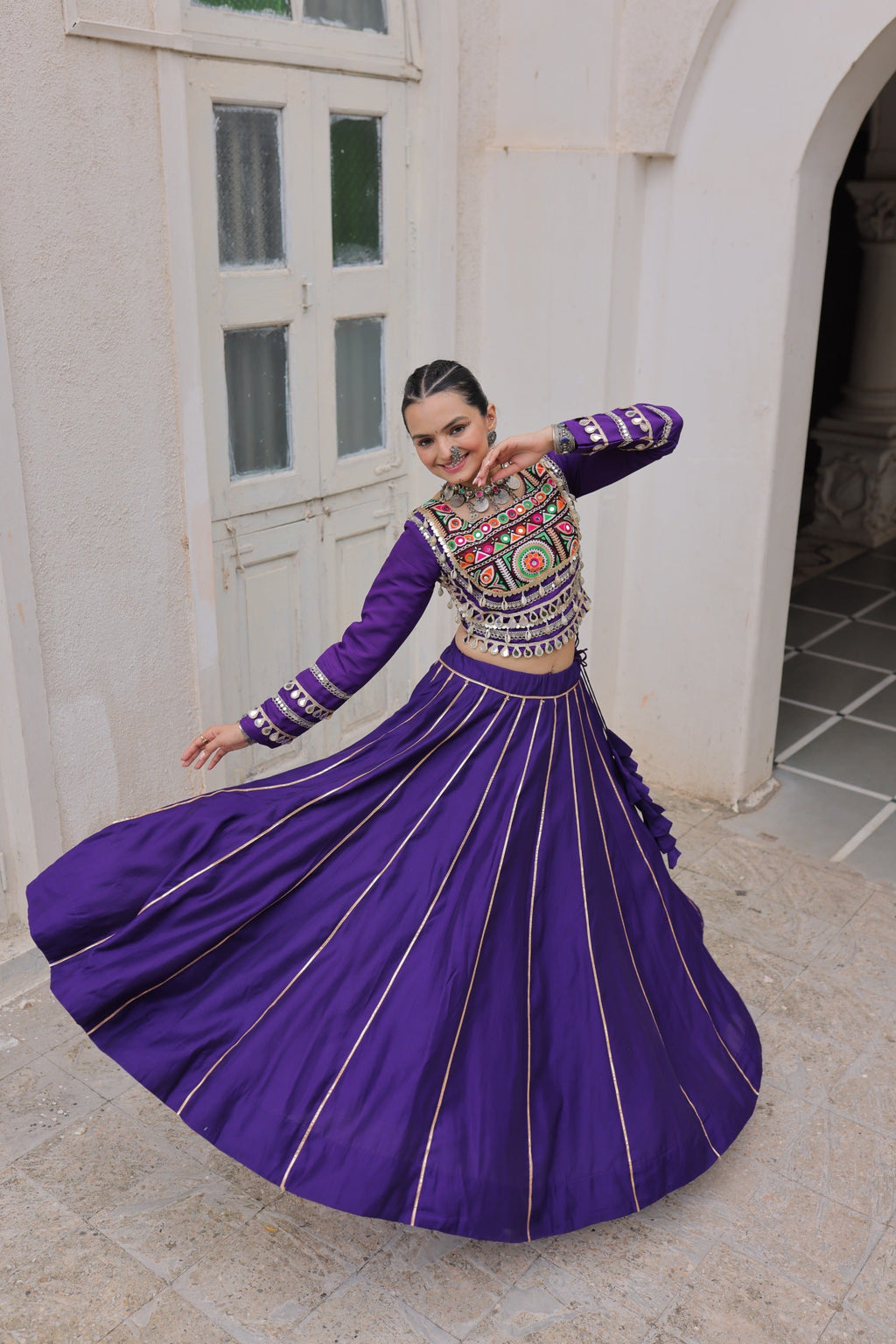 Lorenvalley Fashion Purple Roman Silk with Attractive Gota-Patti Lace Lehenga Choli | Grocsy