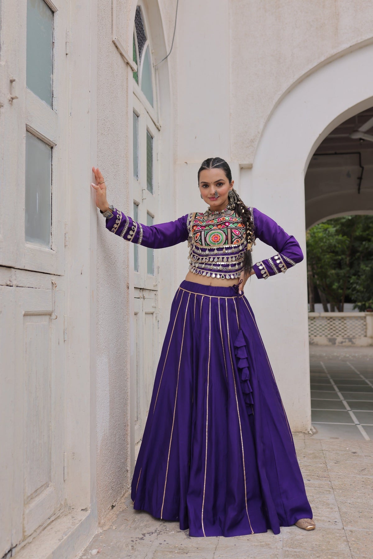 Lorenvalley Fashion Purple Roman Silk with Attractive Gota-Patti Lace Lehenga Choli | Grocsy