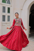 Lorenvalley Fashion Red Roman Silk with Attractive Gota-Patti Lace Lehenga Choli | Grocsy