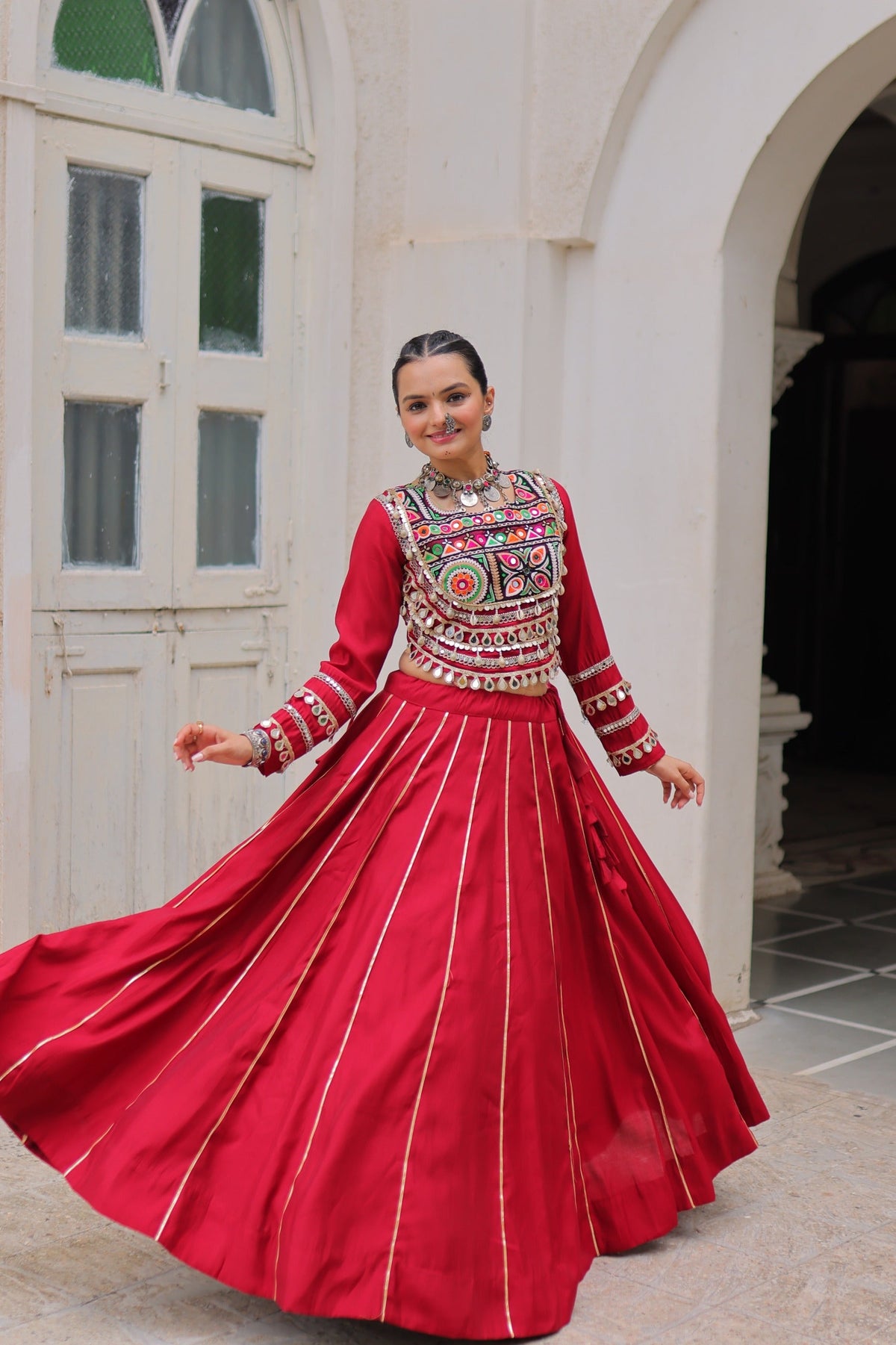 Lorenvalley Fashion Red Roman Silk with Attractive Gota-Patti Lace Lehenga Choli | Grocsy