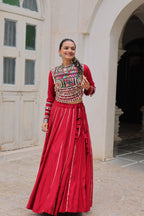 Lorenvalley Fashion Red Roman Silk with Attractive Gota-Patti Lace Lehenga Choli | Grocsy