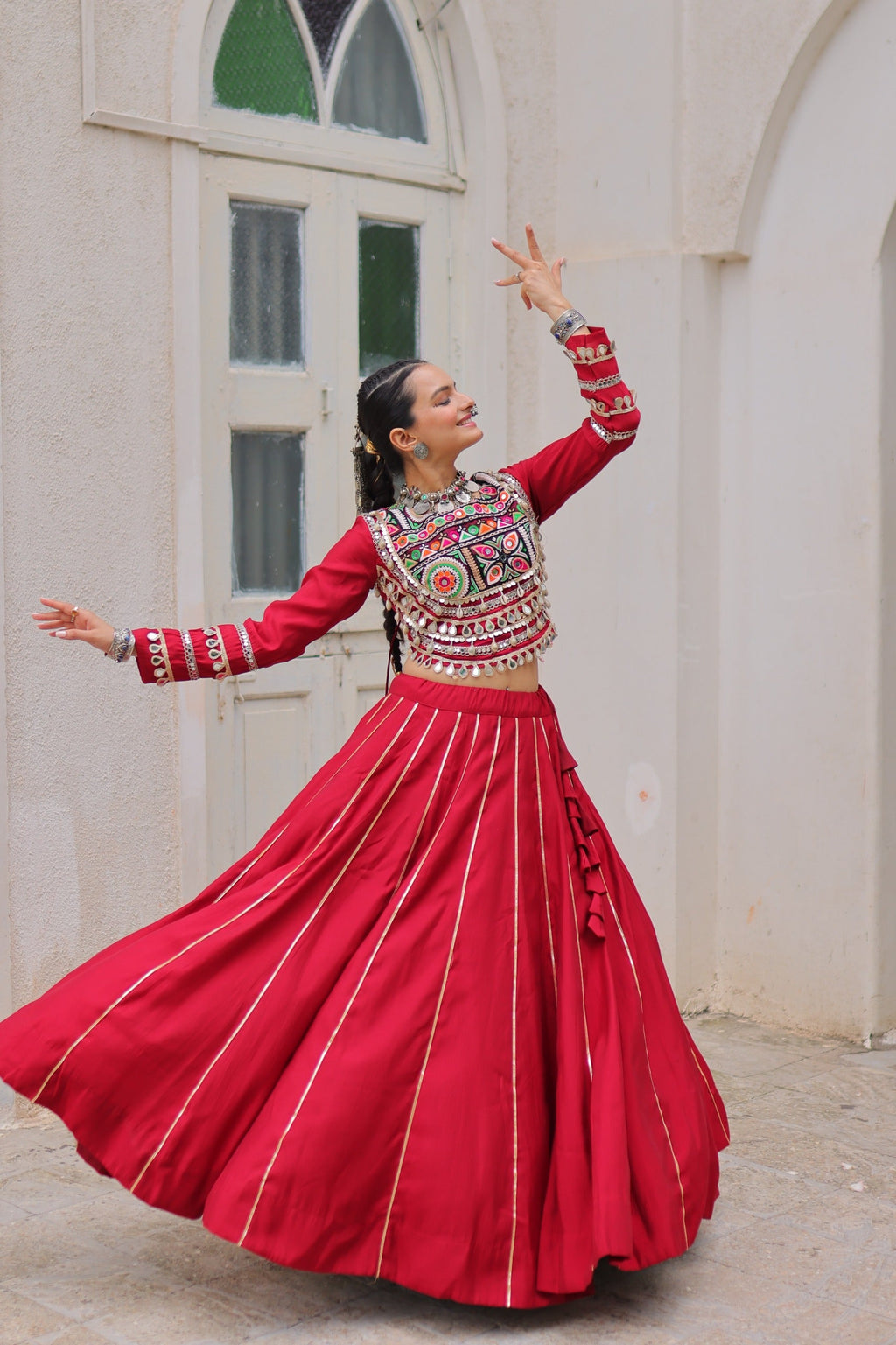 Lorenvalley Fashion Red Roman Silk with Attractive Gota-Patti Lace Lehenga Choli | Grocsy
