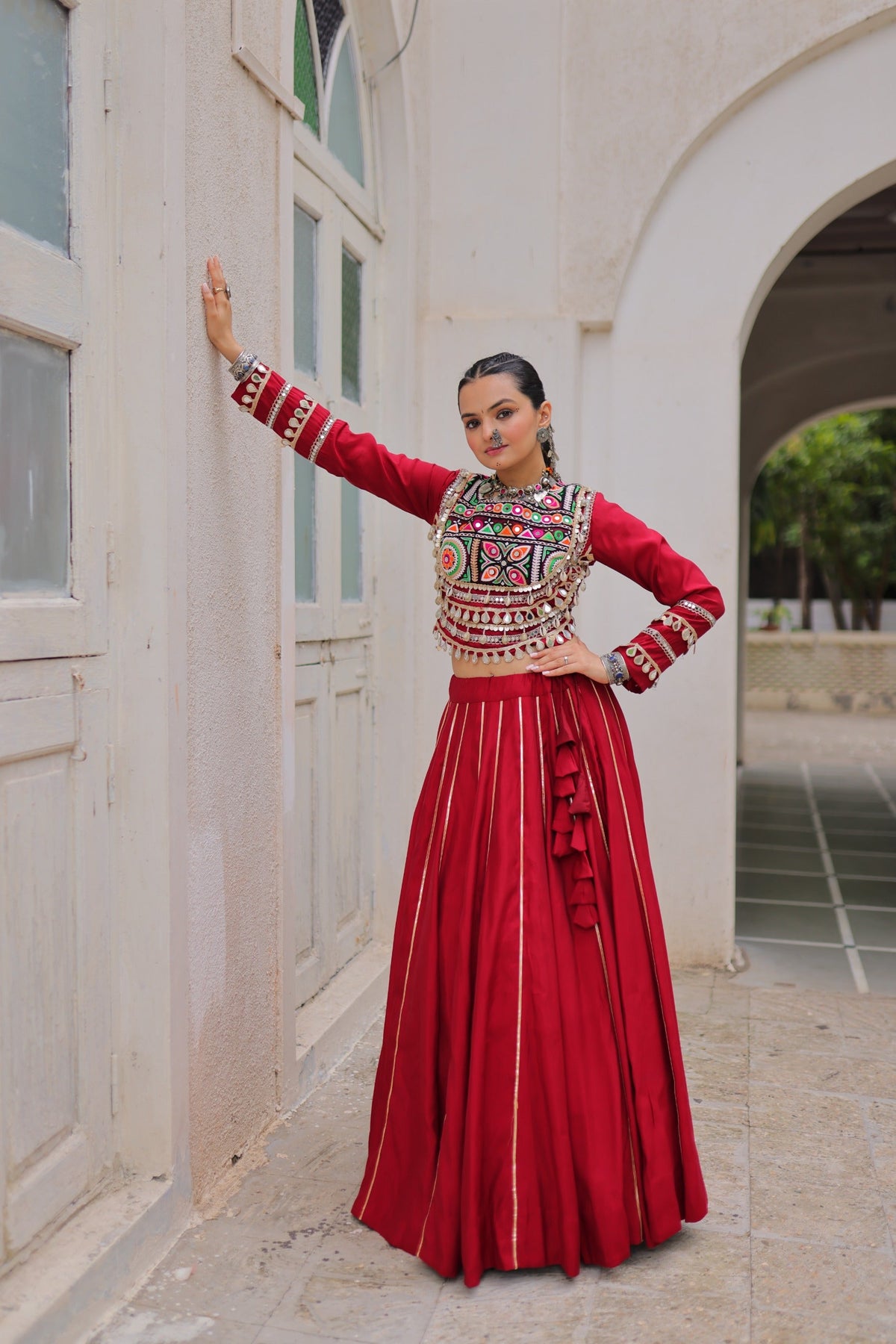 Lorenvalley Fashion Red Roman Silk with Attractive Gota-Patti Lace Lehenga Choli | Grocsy