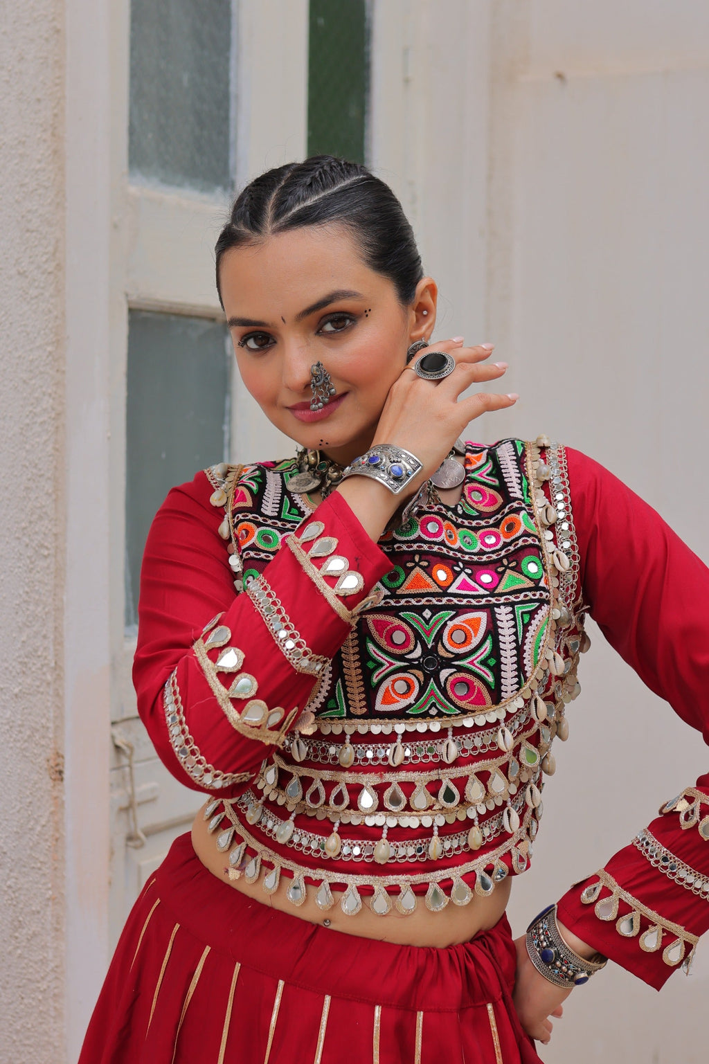 Lorenvalley Fashion Red Roman Silk with Attractive Gota-Patti Lace Lehenga Choli | Grocsy