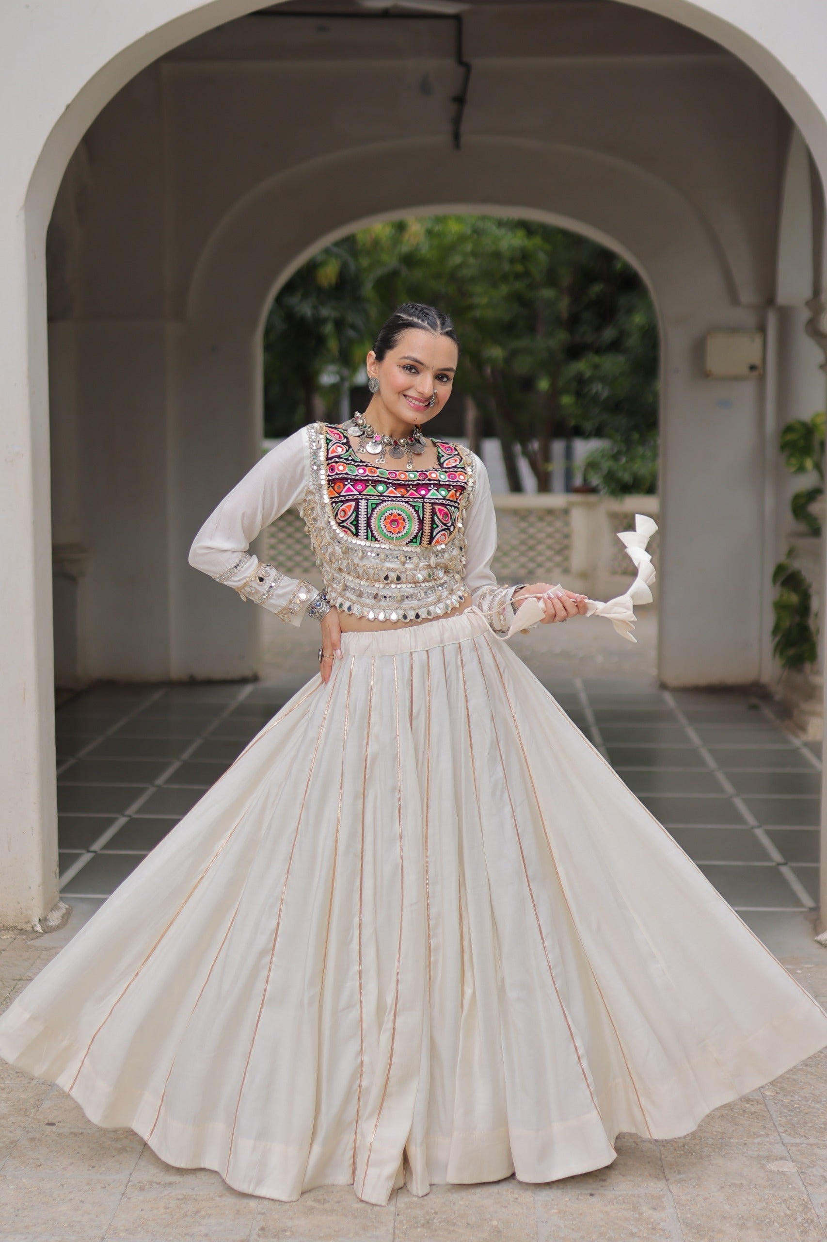 Lorenvalley Fashion White Roman Silk with Attractive Gota-Patti Lace Lehenga Choli | Grocsy