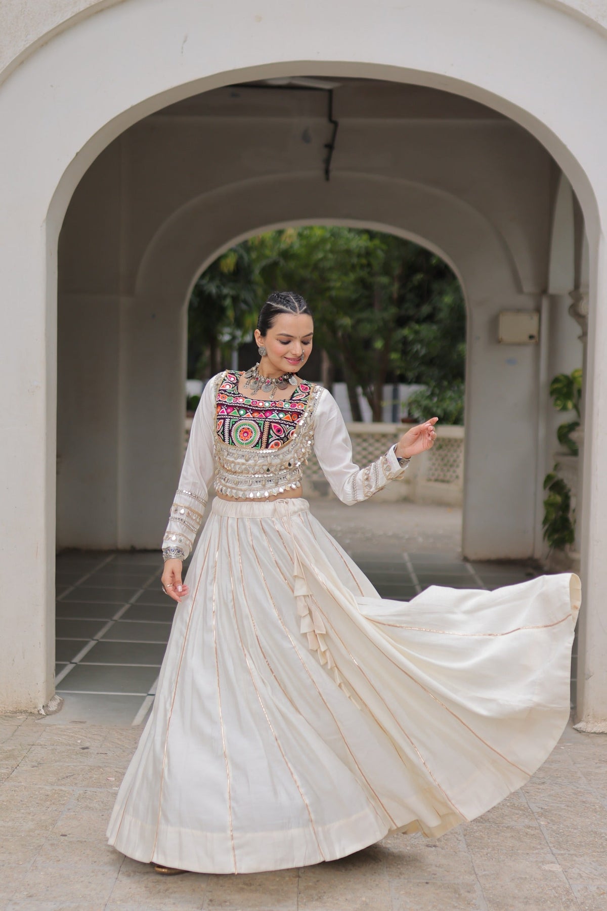 Lorenvalley Fashion White Roman Silk with Attractive Gota-Patti Lace Lehenga Choli | Grocsy