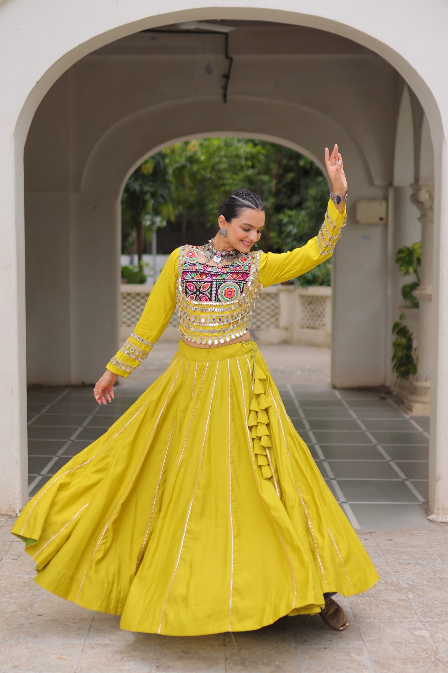 Lorenvalley Fashion Yellow Roman Silk with Attractive Gota-Patti Lace Lehenga Choli | Grocsy