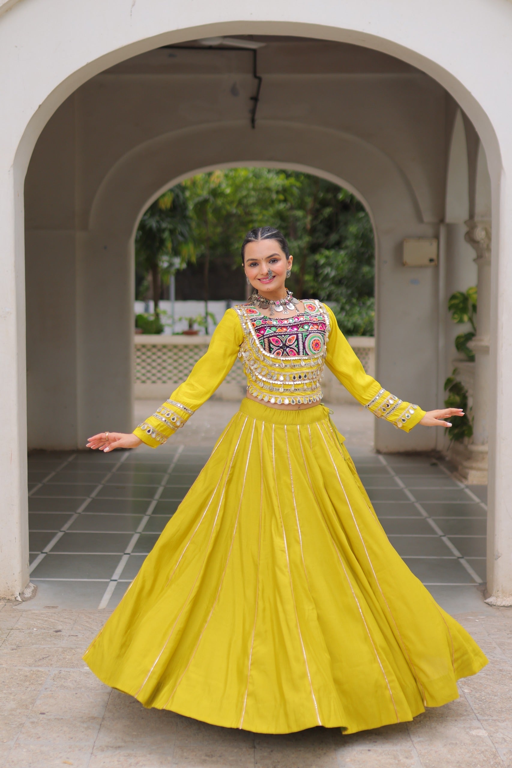 Lorenvalley Fashion Yellow Roman Silk with Attractive Gota-Patti Lace Lehenga Choli | Grocsy