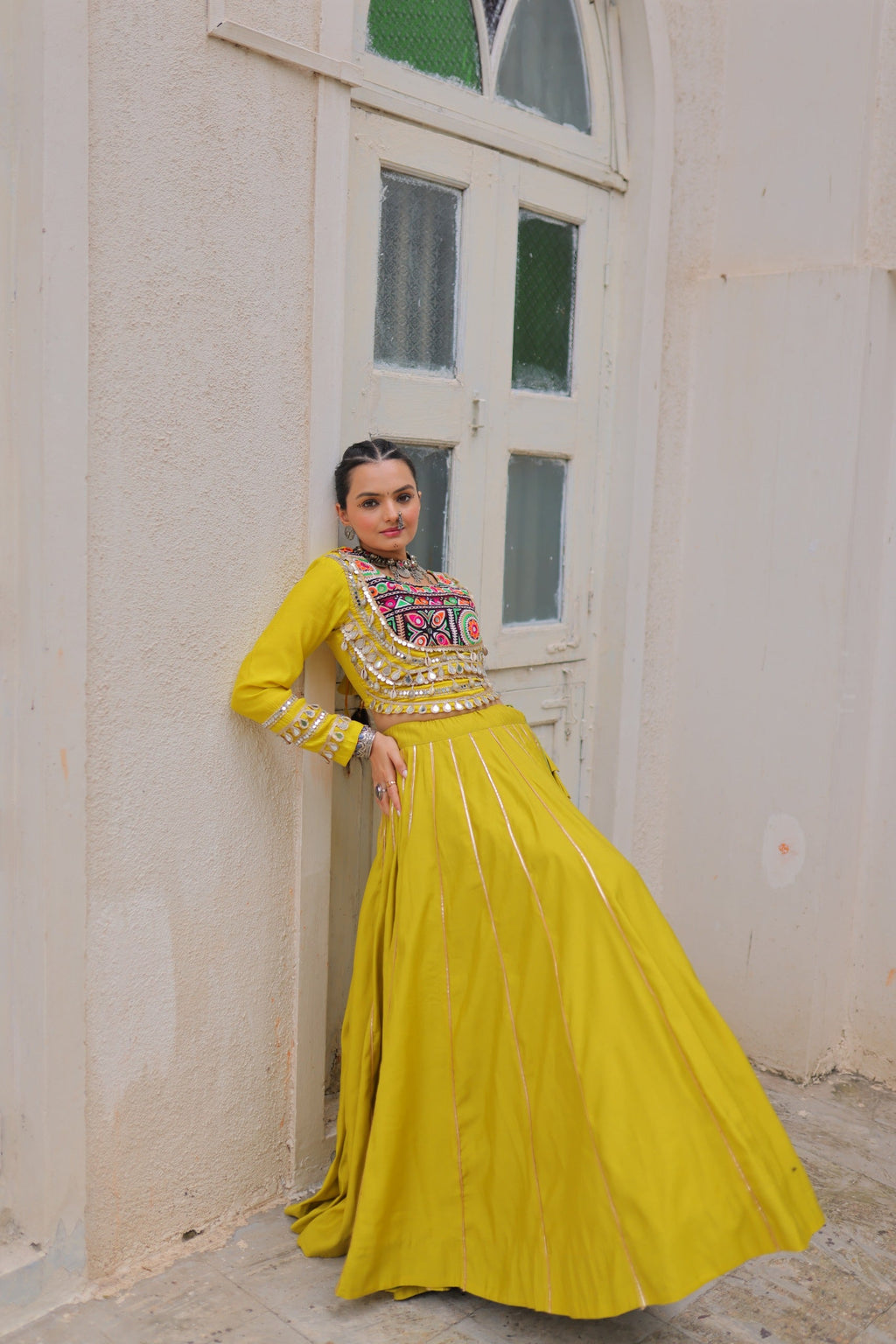 Lorenvalley Fashion Yellow Roman Silk with Attractive Gota-Patti Lace Lehenga Choli | Grocsy