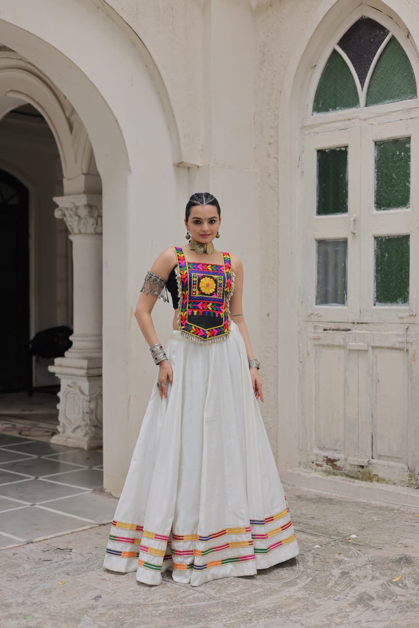 Lorenvalley Fashion White Roman Silk with Attractive Gota-Patti Lace Lehenga Choli | Grocsy