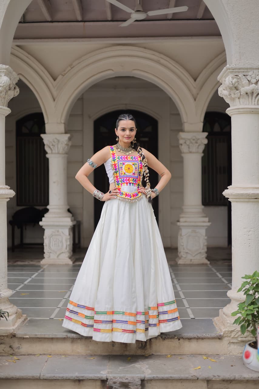Lorenvalley Fashion White Roman Silk with Attractive Gota-Patti Lace Lehenga Choli | Grocsy