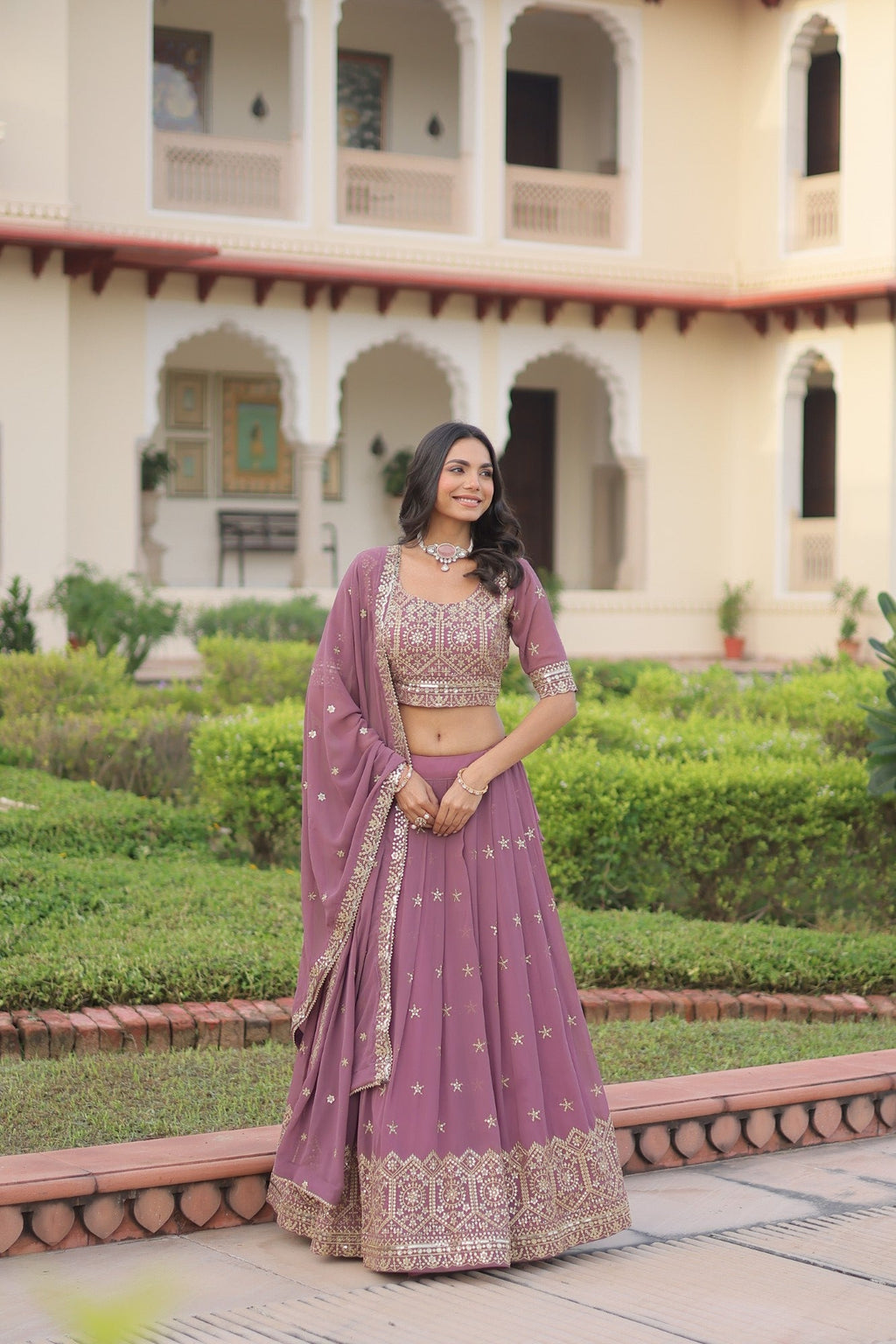 Lorenvalley Fashion Onion Pink Faux Georgette With Sequins & Zari Multi Embroidered work Lehenga Choli with Dupatta | Grocsy