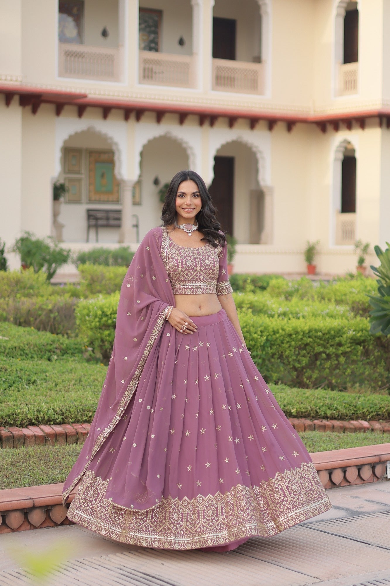 Lorenvalley Fashion Onion Pink Faux Georgette With Sequins & Zari Multi Embroidered work Lehenga Choli with Dupatta | Grocsy