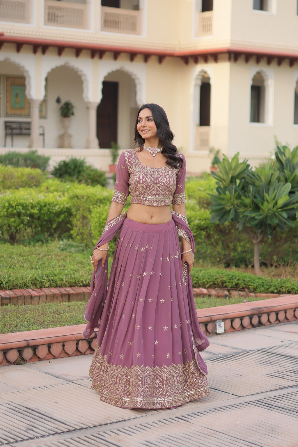 Lorenvalley Fashion Onion Pink Faux Georgette With Sequins & Zari Multi Embroidered work Lehenga Choli with Dupatta | Grocsy