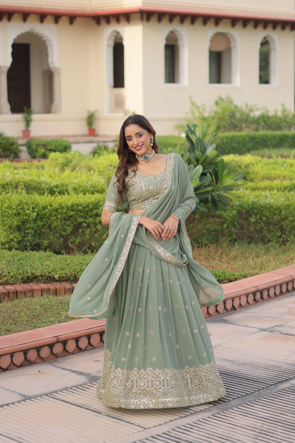 Lorenvalley Fashion Pista Faux Georgette With Sequins & Zari Multi Embroidered work Lehenga Choli with Dupatta | Grocsy