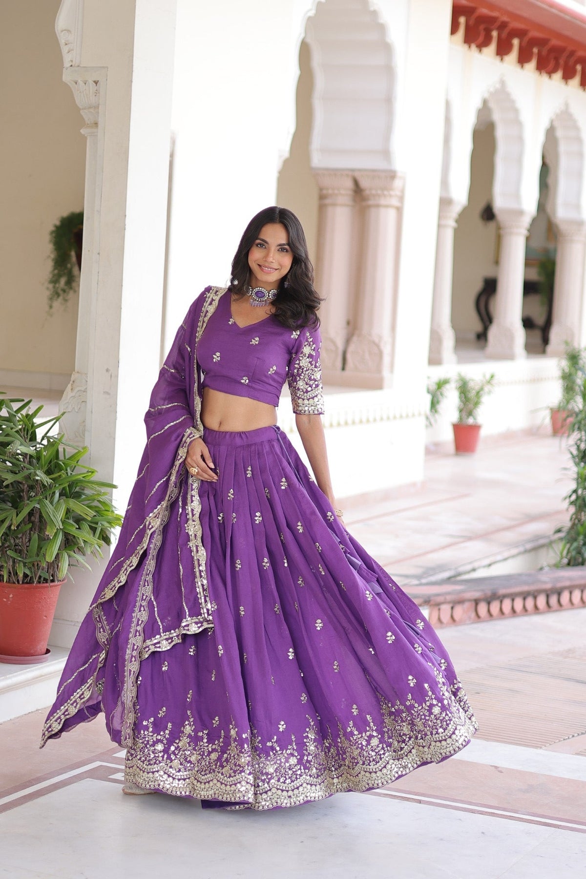 Lorenvalley Fashion Purple Vichitra Silk With Sequins & Zari Multi Embroidered work Lehenga Choli with Dupatta | Grocsy