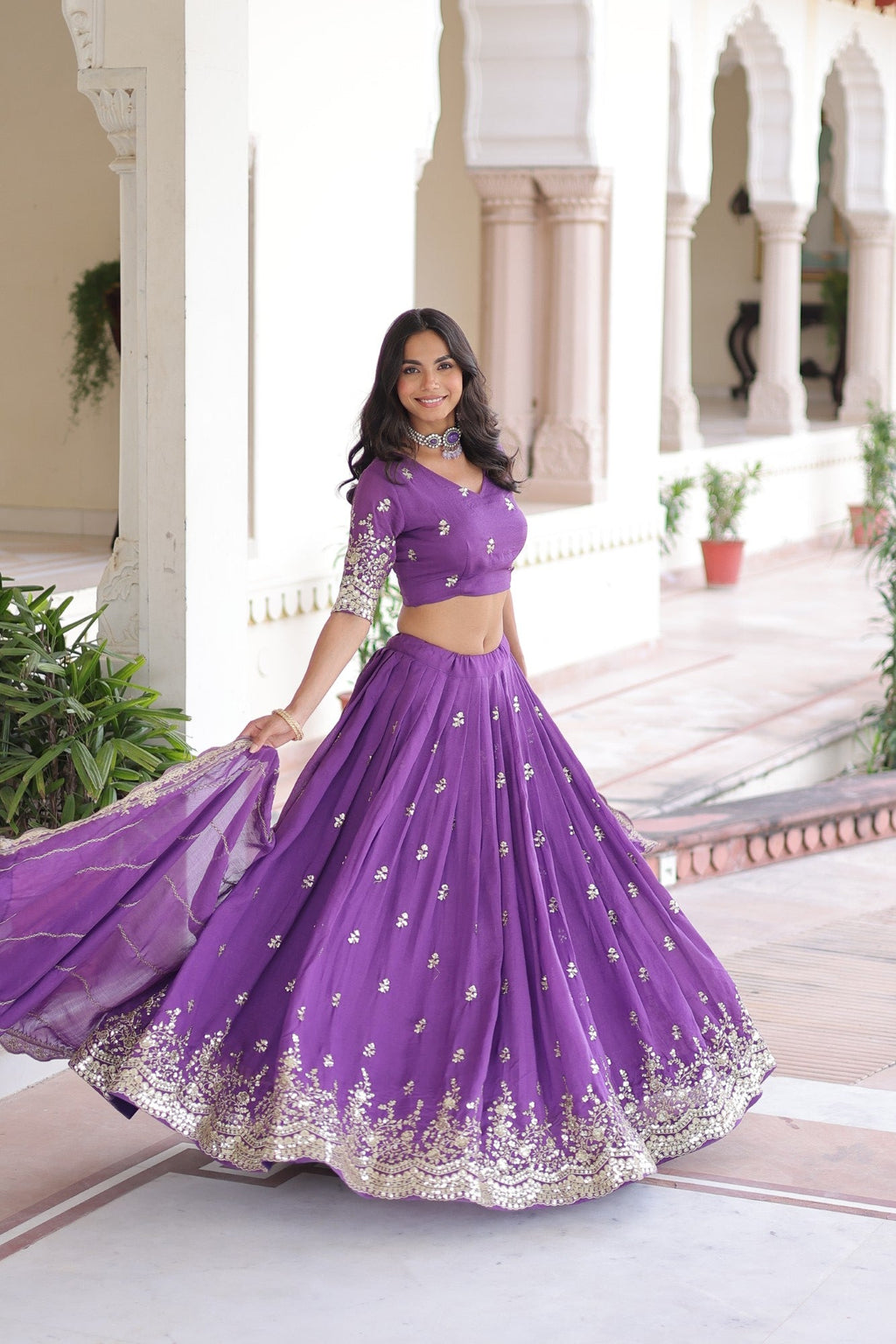 Lorenvalley Fashion Purple Vichitra Silk With Sequins & Zari Multi Embroidered work Lehenga Choli with Dupatta | Grocsy