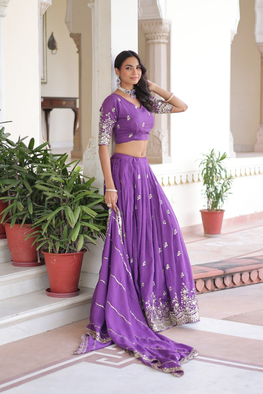 Lorenvalley Fashion Purple Vichitra Silk With Sequins & Zari Multi Embroidered work Lehenga Choli with Dupatta | Grocsy