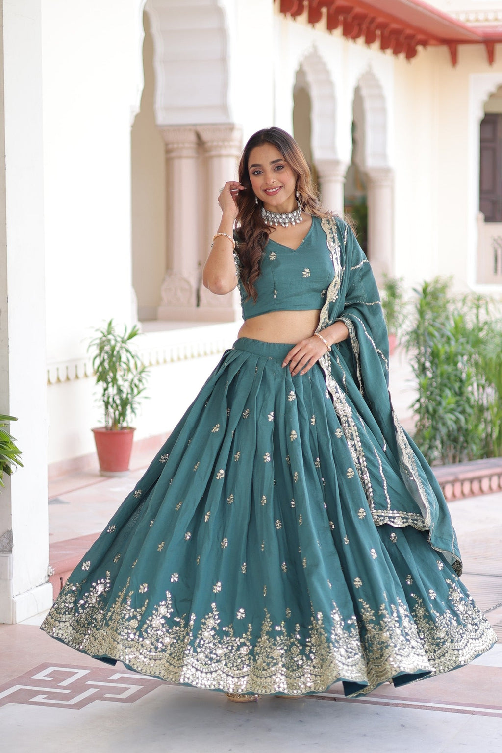 Lorenvalley Fashion Rama Vichitra Silk With Sequins & Zari Multi Embroidered work Lehenga Choli with Dupatta | Grocsy