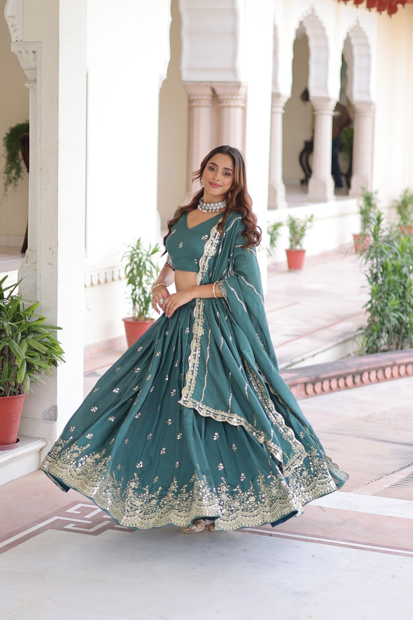 Lorenvalley Fashion Rama Vichitra Silk With Sequins & Zari Multi Embroidered work Lehenga Choli with Dupatta | Grocsy