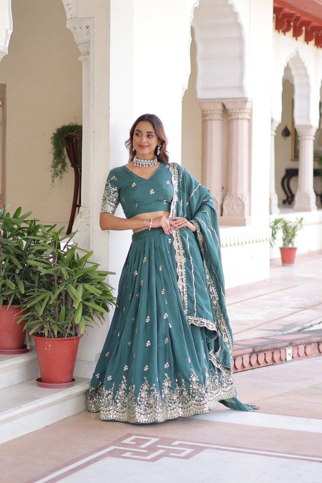 Lorenvalley Fashion Rama Vichitra Silk With Sequins & Zari Multi Embroidered work Lehenga Choli with Dupatta | Grocsy