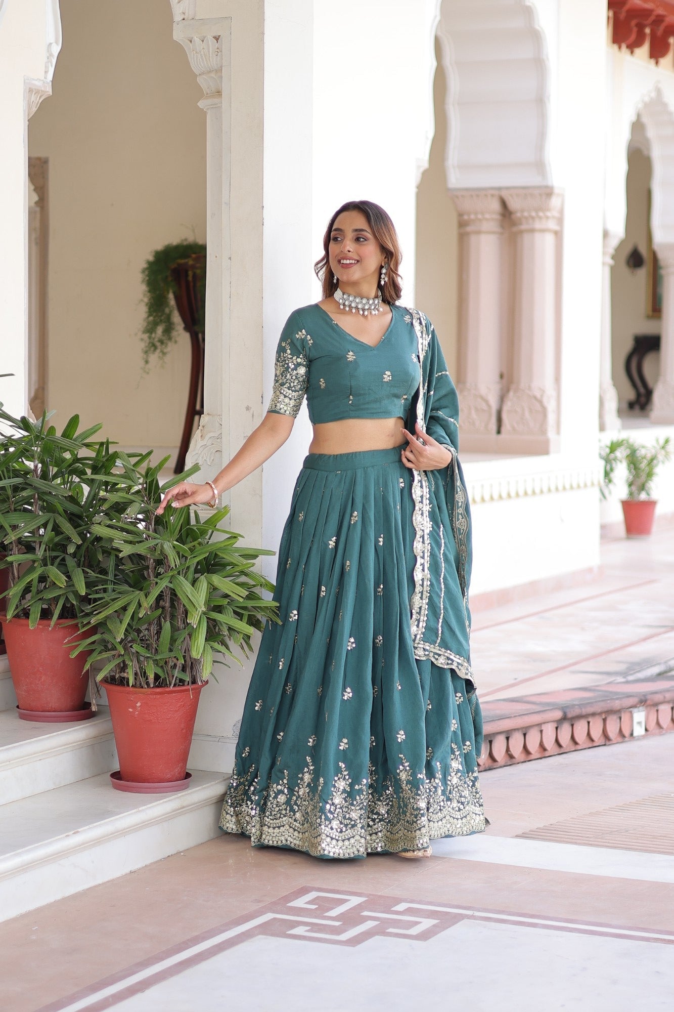 Lorenvalley Fashion Rama Vichitra Silk With Sequins & Zari Multi Embroidered work Lehenga Choli with Dupatta | Grocsy