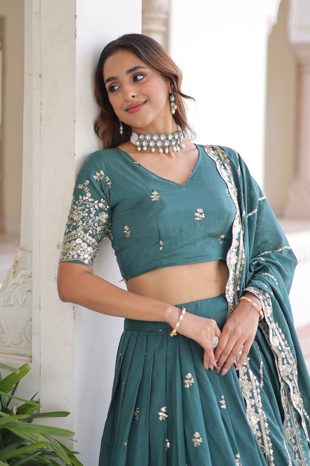 Lorenvalley Fashion Rama Vichitra Silk With Sequins & Zari Multi Embroidered work Lehenga Choli with Dupatta | Grocsy