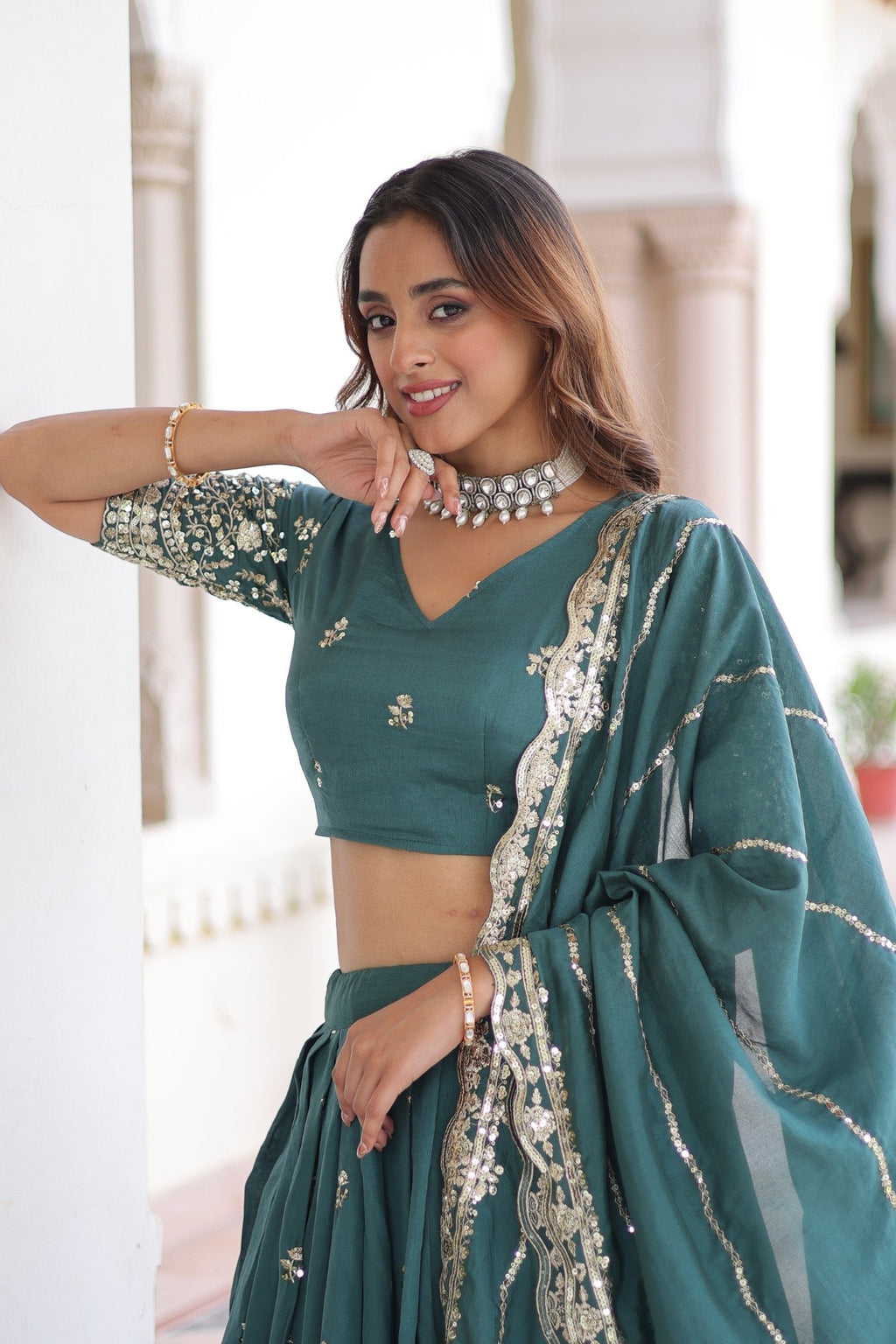Lorenvalley Fashion Rama Vichitra Silk With Sequins & Zari Multi Embroidered work Lehenga Choli with Dupatta | Grocsy