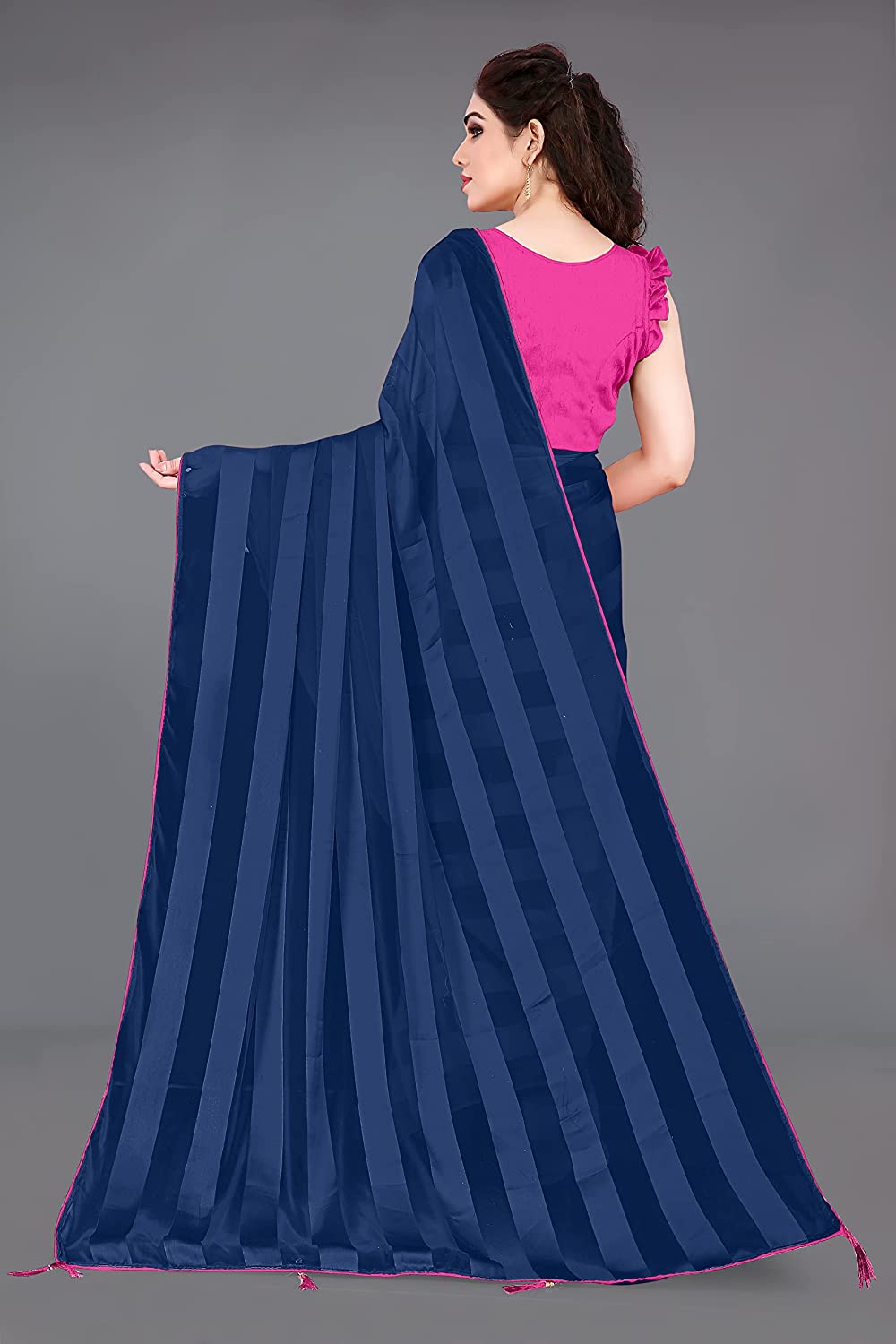 Mirchi Fashion Women'S Georgette Shiny Satin Stripes Laining Pattern Saree | Grocsy