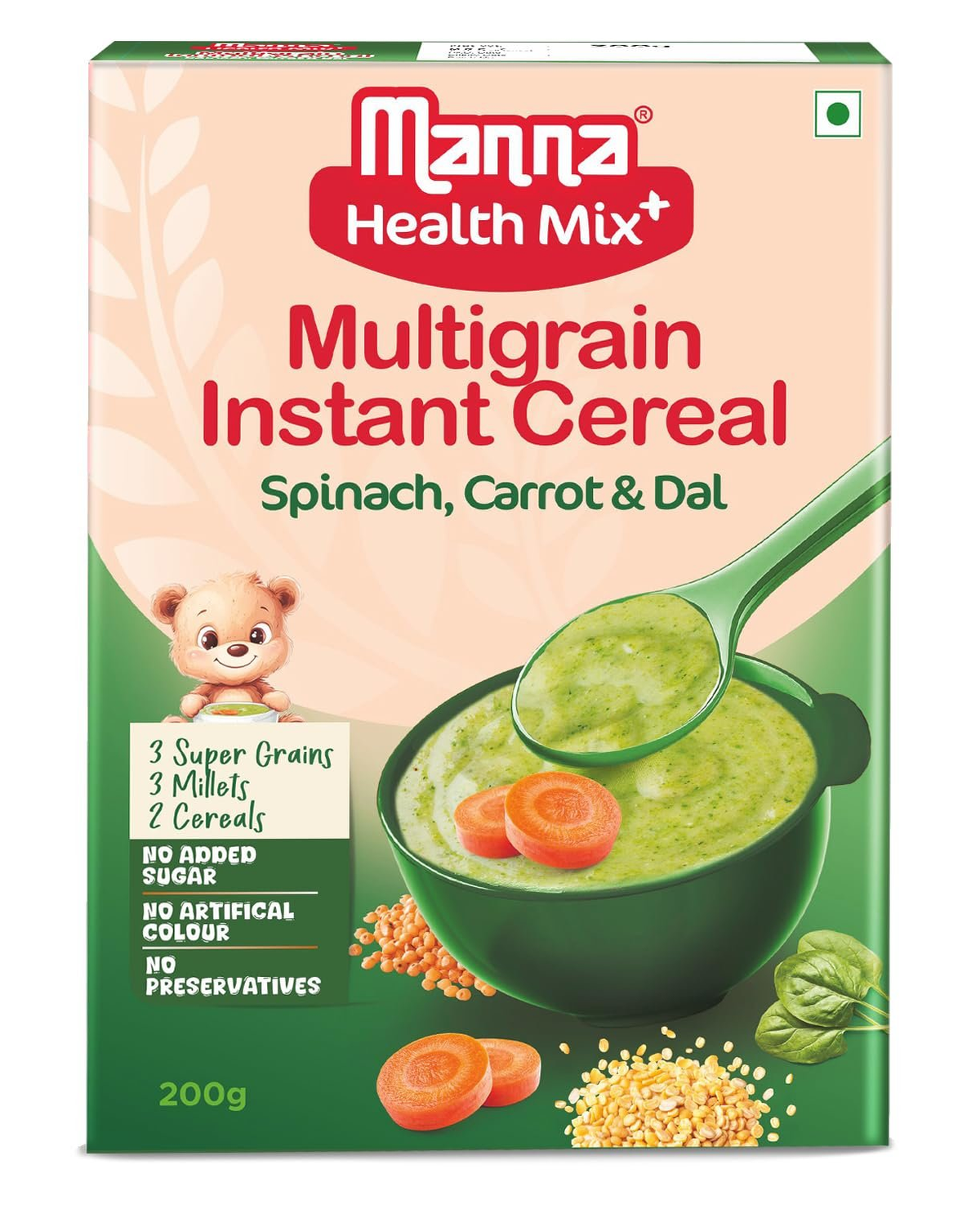 Manna Foods Instant Health Mix Multigrain Cereal + Vegetables With Spinach, Carrot, Dal with Milk | Grocsy