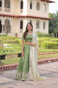 Lorenvalley Fashion Parrot Green Gold Crush with Sequins & Zari Embroidered Work Lehenga Choli with Dupatta | Grocsy