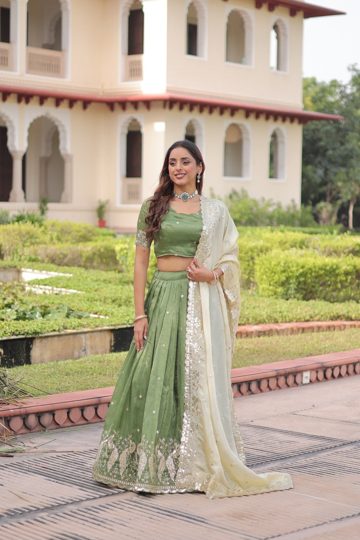 Lorenvalley Fashion Parrot Green Gold Crush with Sequins & Zari Embroidered Work Lehenga Choli with Dupatta | Grocsy