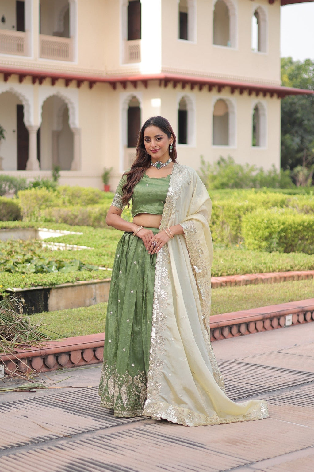 Lorenvalley Fashion Parrot Green Gold Crush with Sequins & Zari Embroidered Work Lehenga Choli with Dupatta | Grocsy