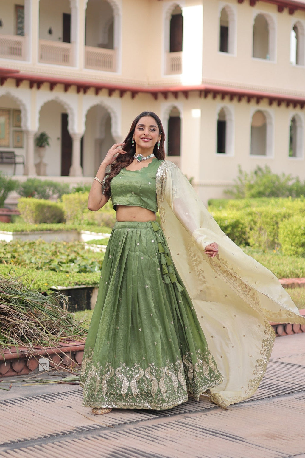 Lorenvalley Fashion Parrot Green Gold Crush with Sequins & Zari Embroidered Work Lehenga Choli with Dupatta | Grocsy