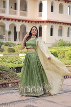 Lorenvalley Fashion Parrot Green Gold Crush with Sequins & Zari Embroidered Work Lehenga Choli with Dupatta | Grocsy
