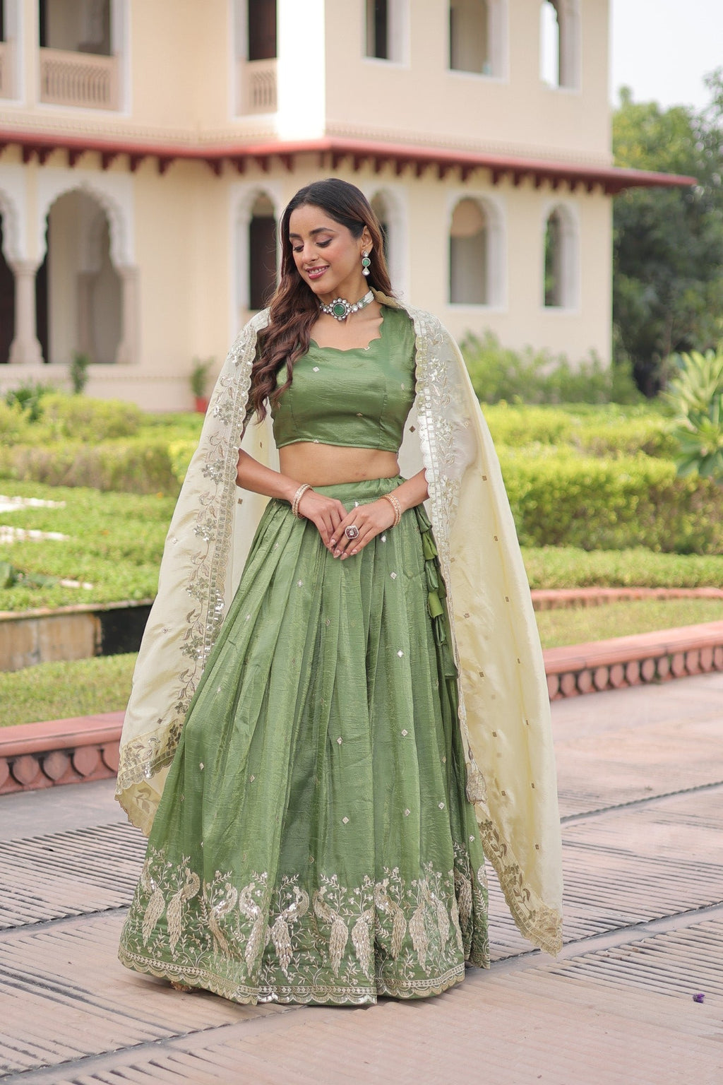 Lorenvalley Fashion Parrot Green Gold Crush with Sequins & Zari Embroidered Work Lehenga Choli with Dupatta | Grocsy