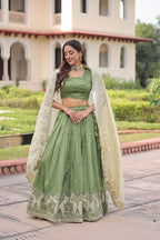 Lorenvalley Fashion Parrot Green Gold Crush with Sequins & Zari Embroidered Work Lehenga Choli with Dupatta | Grocsy