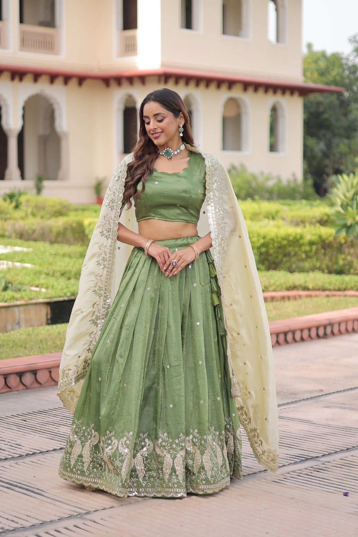 Lorenvalley Fashion Parrot Green Gold Crush with Sequins & Zari Embroidered Work Lehenga Choli with Dupatta | Grocsy