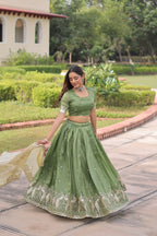 Lorenvalley Fashion Parrot Green Gold Crush with Sequins & Zari Embroidered Work Lehenga Choli with Dupatta | Grocsy