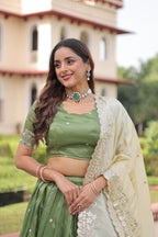 Lorenvalley Fashion Parrot Green Gold Crush with Sequins & Zari Embroidered Work Lehenga Choli with Dupatta | Grocsy