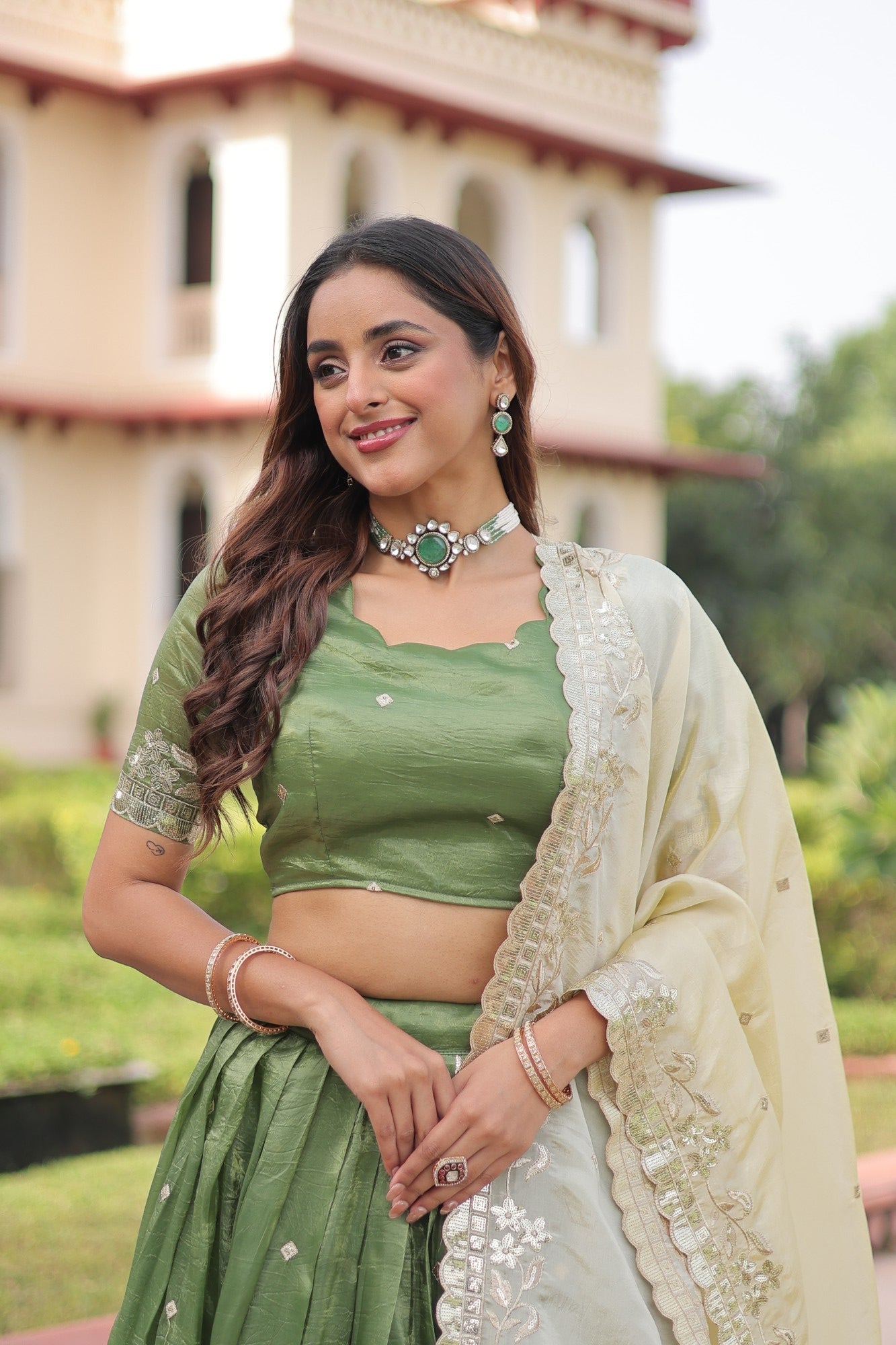 Lorenvalley Fashion Parrot Green Gold Crush with Sequins & Zari Embroidered Work Lehenga Choli with Dupatta | Grocsy
