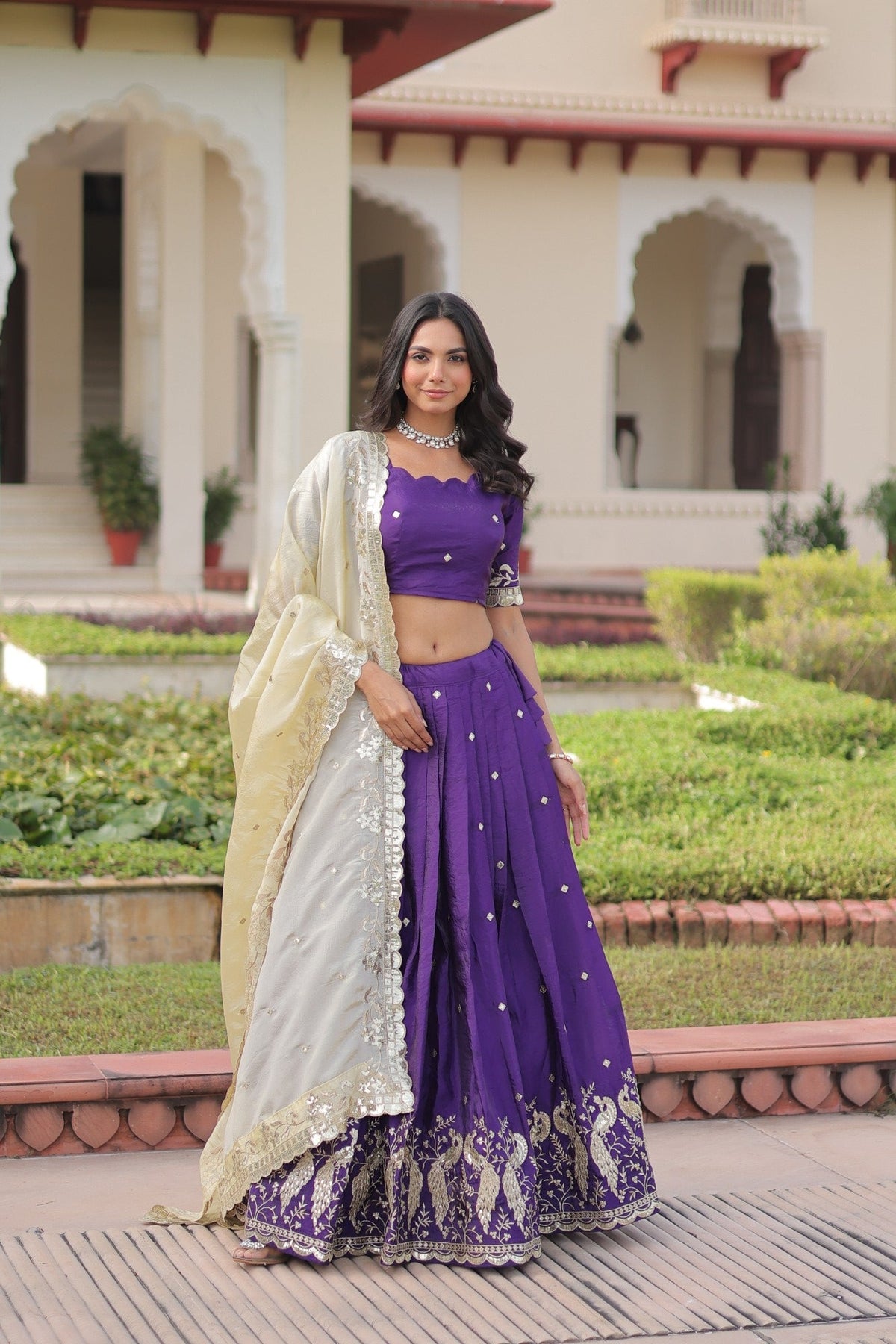 Lorenvalley Fashion Purple Gold Crush with Sequins & Zari Embroidered Work Lehenga Choli with Dupatta | Grocsy