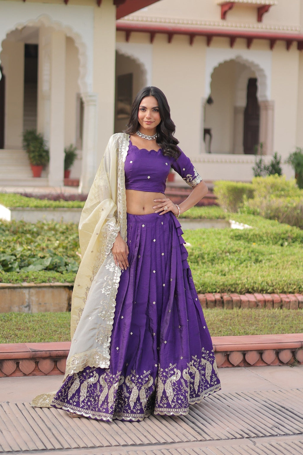 Lorenvalley Fashion Purple Gold Crush with Sequins & Zari Embroidered Work Lehenga Choli with Dupatta | Grocsy